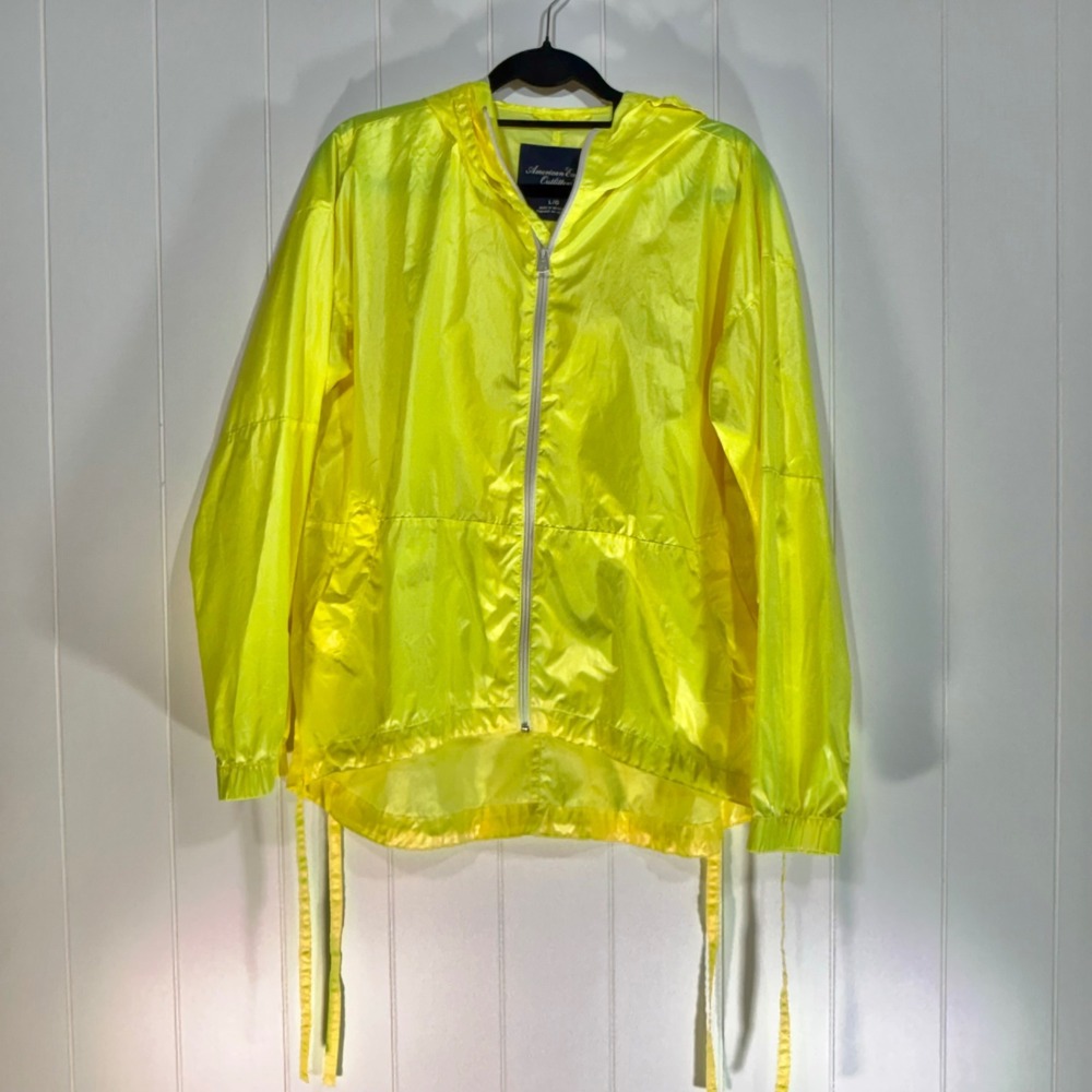 American Eagle Neon Yellow Windbreaker Jacket Womens Large Hooded Full Zip Mesh